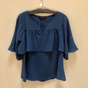 Blue flowy keyhole neck blouse
